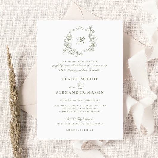 Elegante Bloemen Rozen Crest Bruiloft Monogram Sag Kaart