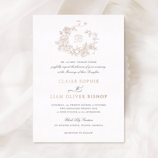 Elegante Bloemen Rozen Krans Bruiloft Monogram Gou Folie Uitnodiging