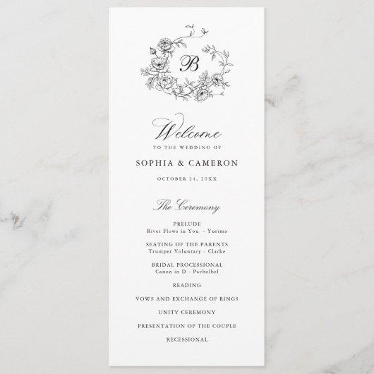 Elegante Bloemen Rozen Krans Monogram Huwelijk Programmakaart (Voorkant)