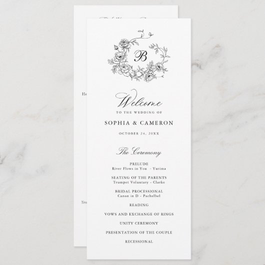 Elegante Bloemen Rozen Krans Monogram Huwelijk Programmakaart (Voorkant / Achterkant)