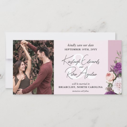 Elegante  Bloemen Rozen & Stoffige Mauve Bruiloft Save The Date (Voorkant)