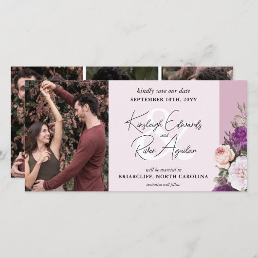 Elegante  Bloemen Rozen & Stoffige Mauve Bruiloft Save The Date (Voorkant / Achterkant)