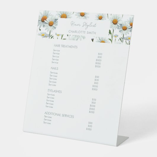 Elegante bloemen | Salon prijslijst Service Menu Reclamebord Met Voetstuk (Voorkant)