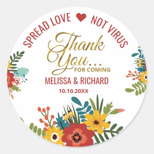 Elegante Bloemen Sanitizer Bruiloft Goud Dank u Ronde Sticker (Voorkant)