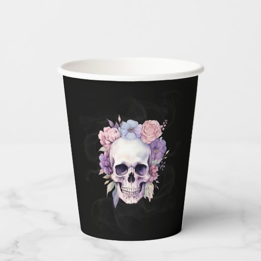 Elegante Bloemen & Schedel Gotische Halloween Part Papieren Bekers (Achterkant)