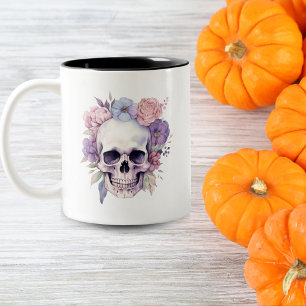Elegante Bloemen & Schedel Gotische Halloween spoo Tweekleurige Koffiemok