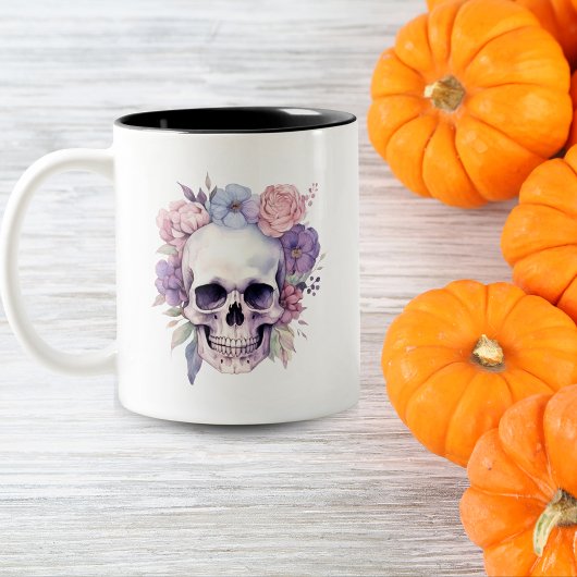 Elegante Bloemen & Schedel Gotische Halloween spoo Tweekleurige Koffiemok