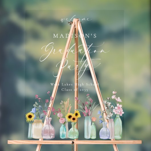 Elegante Bloemen Script Afstudeerfeest Welkom Acryl Bord (Neutraal)