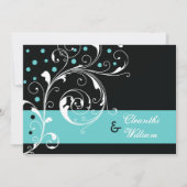 Elegante bloemen scroll blad zwart, aqua bruiloft kaart (Voorkant)