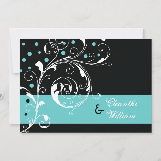 Elegante bloemen scroll blad zwart, aqua bruiloft kaart (Voorkant)