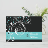 Elegante bloemen scroll blad zwart, aqua bruiloft kaart (Staand voorkant)