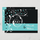 Elegante bloemen scroll blad zwart, aqua bruiloft kaart (Voorkant / Achterkant)