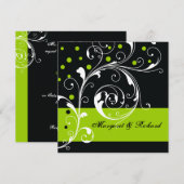 Elegante bloemen scroll blad zwart, groene bruilof kaart (Voorkant / Achterkant)