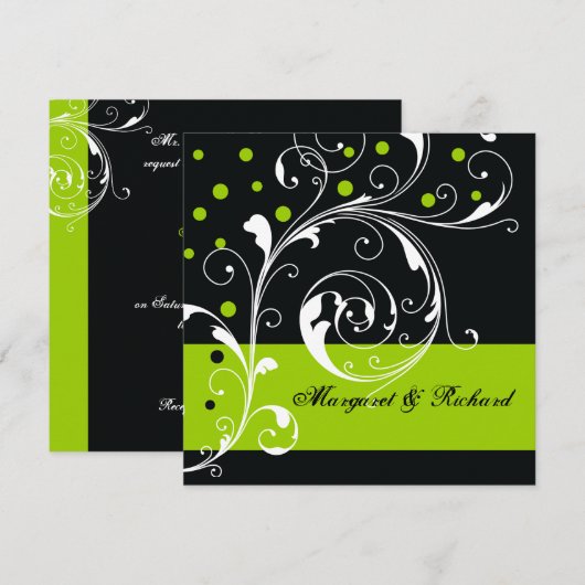 Elegante bloemen scroll blad zwart, groene bruilof kaart (Voorkant / Achterkant)