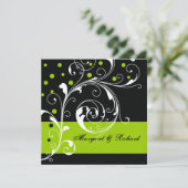 Elegante bloemen scroll blad zwart, groene bruilof kaart (Staand voorkant)