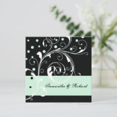Elegante bloemen scroll blad zwart, munt bruiloft kaart (Staand voorkant)