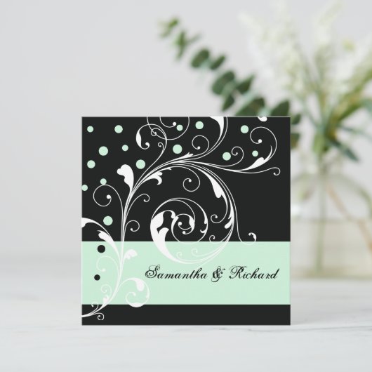 Elegante bloemen scroll blad zwart, munt bruiloft kaart (Staand voorkant)