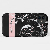Elegante bloemen scroll blad zwart roze bloeien Case-Mate iPhone case (Achterkant (horizontaal))