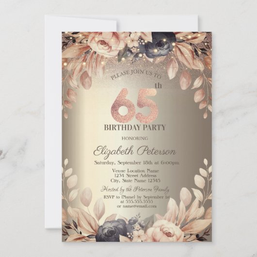 Elegante Bloemen, String Lights 65th Verjaardag Kaart (Voorkant)