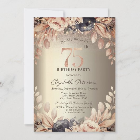 Elegante Bloemen, String Lights 75th Verjaardag Kaart (Voorkant)