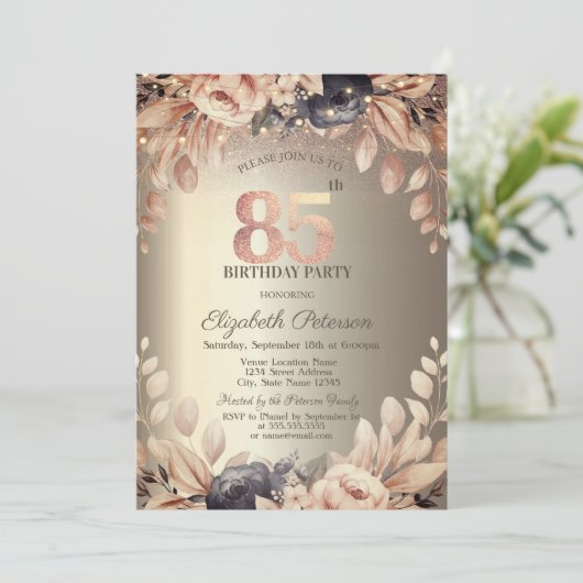Elegante Bloemen, String Lights 85th Verjaardag Kaart (Staand voorkant)