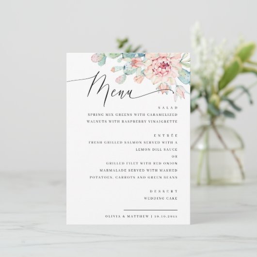 Elegante bloemen succulente bruiloft. botanisch di menu (Staand voorkant)