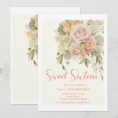 Elegante Bloemen Sweet 16 Verjaardag Uitnodiging K (Voorkant / Achterkant)