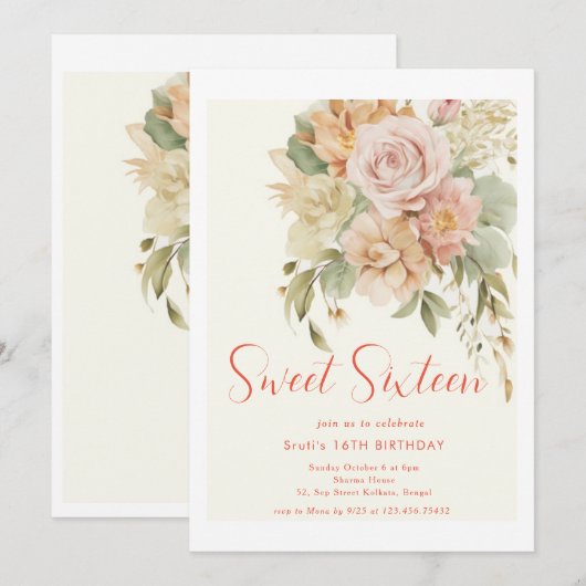 Elegante Bloemen Sweet 16 Verjaardag Uitnodiging K (Voorkant / Achterkant)