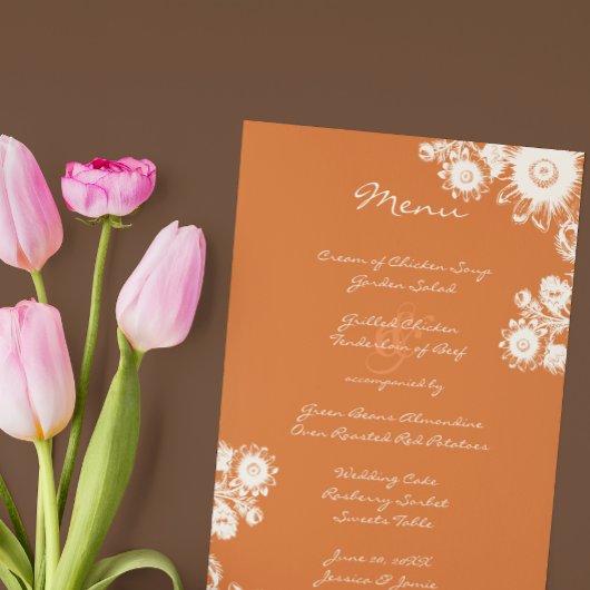Elegante  Bloemen Terracotta Koraal Bruiloft Menu
