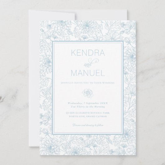 Elegante Bloemen Toile Blauwe bruiloft Kaart (Voorkant)