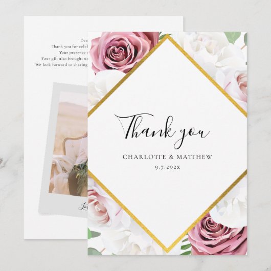 Elegante Bloemen Trouwfoto Custom Bedankkaart (Voorkant / Achterkant)