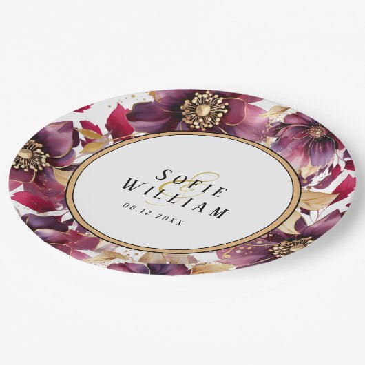 Elegante Bloemen Trouwnamen Datum Papieren Bordje (Gekanteld)