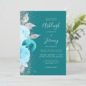 Elegante Bloemen Turquoise Zilveren Glitter Bruilo Kaart (Staand voorkant)