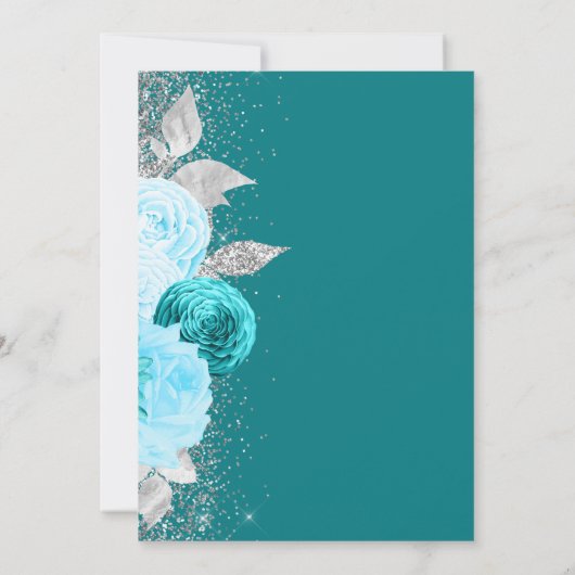 Elegante Bloemen Turquoise Zilveren Glitter Bruilo Kaart (Achterkant)