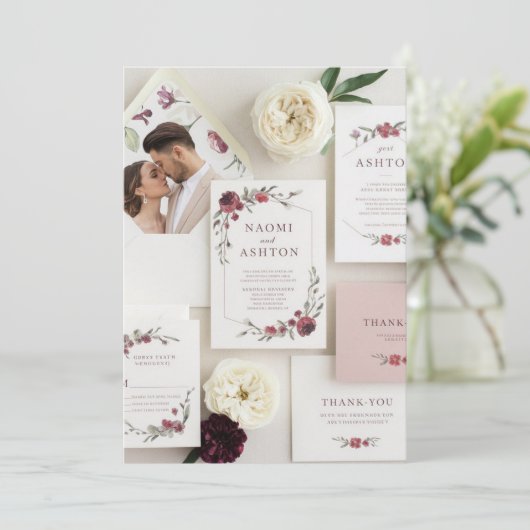 Elegante Bloemen Uitnodiging Set - Bourgogne & (Staand voorkant)