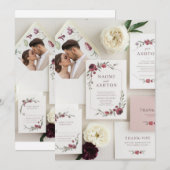 Elegante Bloemen Uitnodiging Set - Bourgogne & (Voorkant / Achterkant)