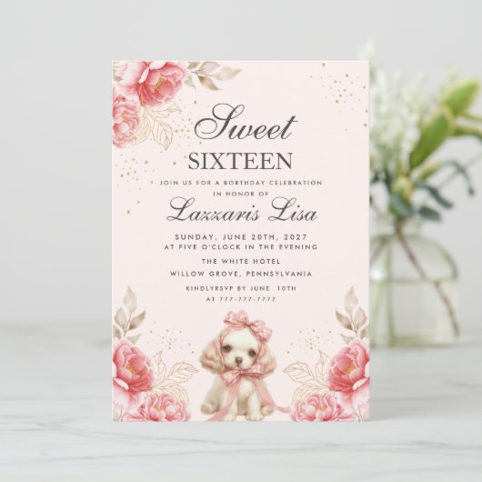 Elegante bloemen Verjaardag Goud Sweet Sixteen Kaart (Staand voorkant)