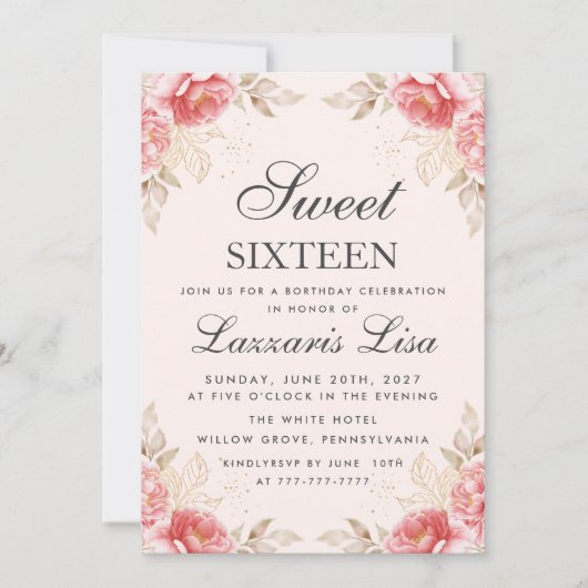 Elegante Bloemen Verjaardag Goud Zoet 16 Kaart (Voorkant)