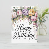 Elegante Bloemen Verjaardag Kaart – Waterverf Bloe (Staand voorkant)