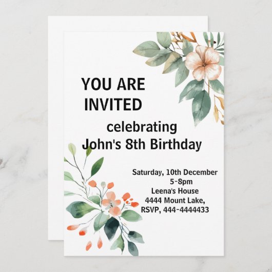 Elegante Bloemen Verjaardag Uitnodiging (Voorkant / Achterkant)