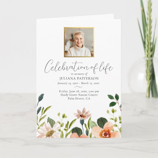Elegante Bloemen Viering van het Leven Foto's Begr Programma (Voorkant)