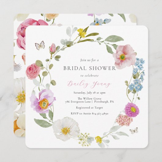 Elegante Bloemen Vlinder Bruids Douche Uitnodiging (Voorkant / Achterkant)
