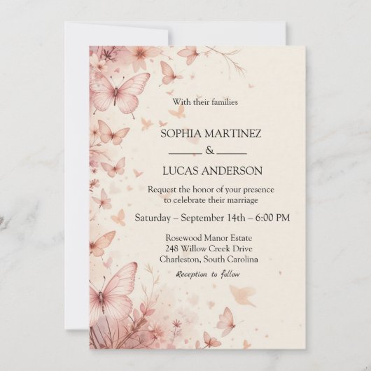 Elegante Bloemen Vlinder bruiloft uitnodiging (Voorkant)