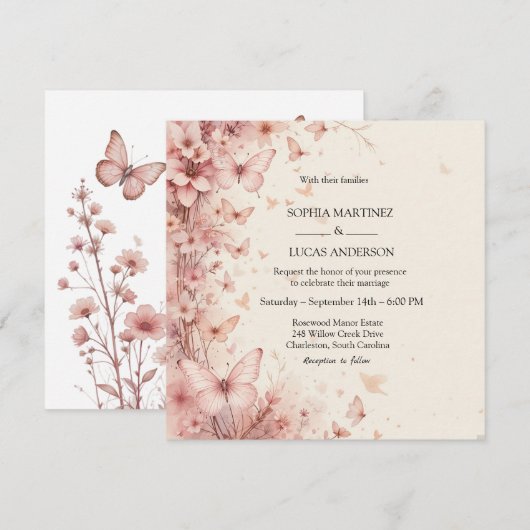 Elegante Bloemen Vlinder bruiloft uitnodiging (Voorkant / Achterkant)