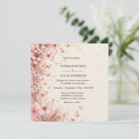 Elegante Bloemen Vlinder bruiloft uitnodiging (Staand voorkant)