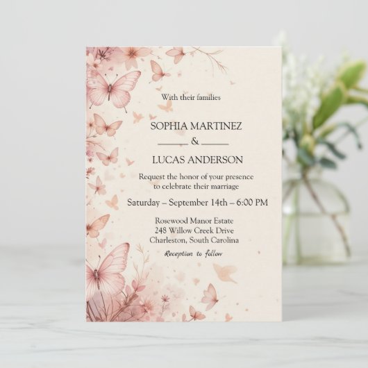 Elegante Bloemen Vlinder bruiloft uitnodiging (Staand voorkant)