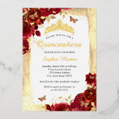 Elegante Bloemen Vlinder Goud Rood Quinceanera Folie Uitnodiging (Voorkant)