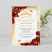 Elegante Bloemen Vlinder Goud Rood Quinceanera Folie Uitnodiging (Staand Voorkant)
