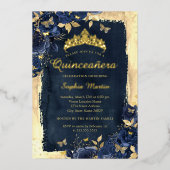 Elegante Bloemen Vlinder Marine Goud Quinceanera Folie Uitnodiging (Voorkant)