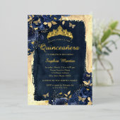Elegante Bloemen Vlinder Marine Goud Quinceanera Folie Uitnodiging (Staand Voorkant)
